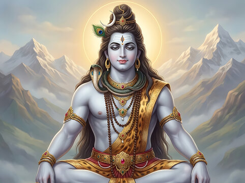 peaceful lord shiva meditating in kailash mountain range for maha shivaratri and mahadev spiritual background for yoga meditation and religious hindu festival banner poster art