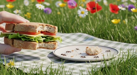Sandwich on a picnic blanket outside.