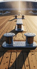 Mooring cleats on wooden dock surface.