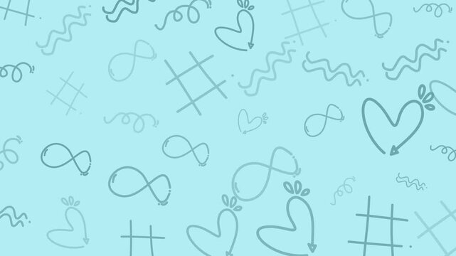Seamless pastel blue pattern with hand drawn hearts infinity symbols and organic abstract shapes ideal for backgrounds textiles wrapping paper and web design.