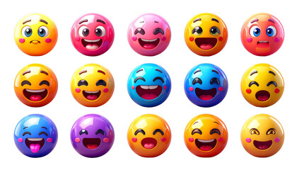 Emojis with various reactions isolated on transparent background, high-quality PNG showing happy, sad, angry, surprised, and playful faces, perfect for digital communication and social media designs.