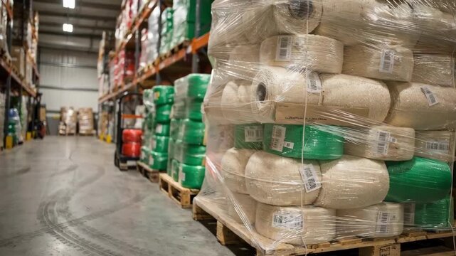 Medium shot of palletized large spools of baler twine stacked and ready for shipment emphasizing organized storage and logistics in a rural supply warehouse.