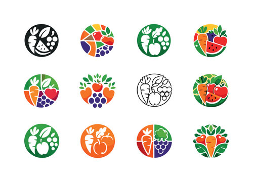 Seasonal Harvest Icons. Seasonal fruits and vegetables. Icon set. Set Logo of Seasonal fruits and vegetables: stylized fruit and veggie wheel. harmonious logo