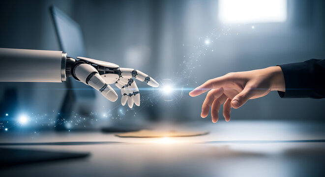 A futuristic robotic hand and a human hand almost touch, symbolizing technology, connection, and artificial intelligence.
