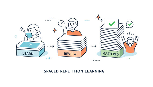 Spaced Learning Illustration. Spaced repetition learning. Flashcards are arranged in small groups or stacks, visualizing memory training and