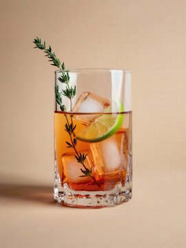 A refreshing shrub soda in a clear glass. The drink features ice cubes, a slice of lime, and a sprig of thyme as garnish. The color is a vibrant amber.