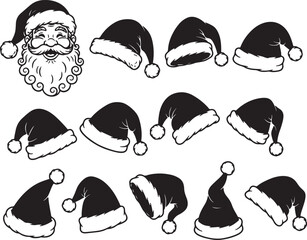 Santa Claus face and multiple Santa hats in black and white also transparent background Christmas holiday
