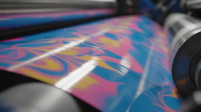 Close-up of industrial printing press with colorful glossy paper roll in motion. Concept of modern offset printing, graphic production, commercial packaging and print industry