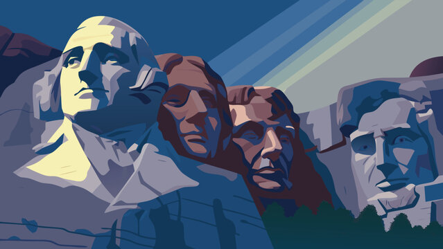 Stylized illustration of Mount Rushmore National Memorial featuring U.S. presidents in South Dakota, United States
