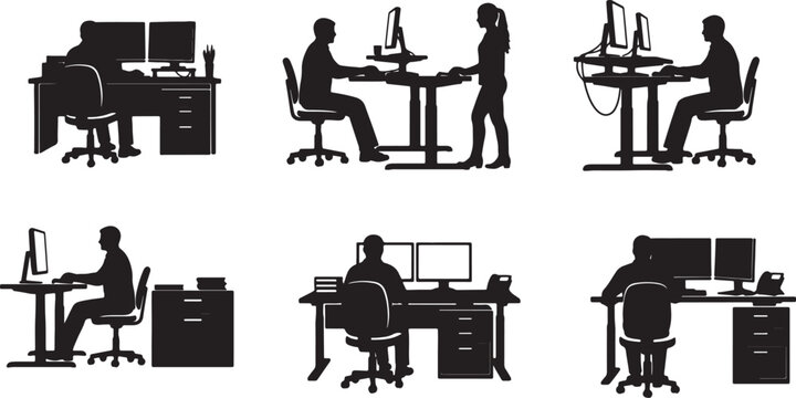 Office workers sitting standing at desks with computers monitors also transparent background