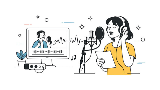 Home Vocal Practice. Digital singing practice. A focused singer recording vocals at home while following an online lesson interface. Calm productive mood with