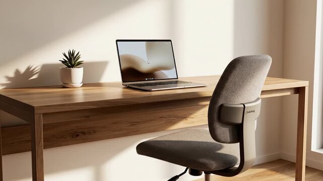 Wooden desk with laptop computer and potted plant, featuring a modern office chair, shifting shadow details in three frames