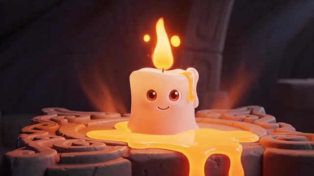 Cute cartoon candle with a flickering flame smiling in a dark setting. Happy animated character illuminating a mystical cavern or temple, Animation