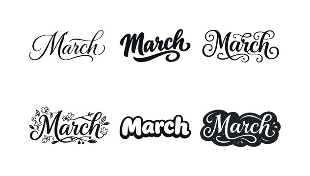 March Lettering Harmony. March postcard. Set lettering. harmonious lettering variations of the same emblematic concept, each with different artistic