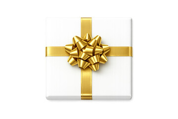 Fototapeta premium White gift box with golden ribbon and bow, celebrating holidays, birthdays, or special occasions, top view transparent background
