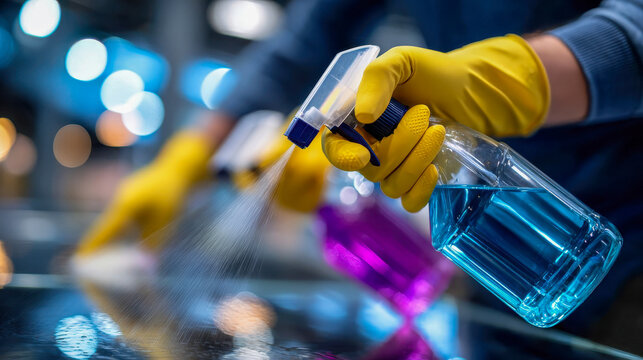 Close-up of yellow rubber glove spraying blue cleaning solution on glass surface, disinfection and hygiene concept with bokeh background