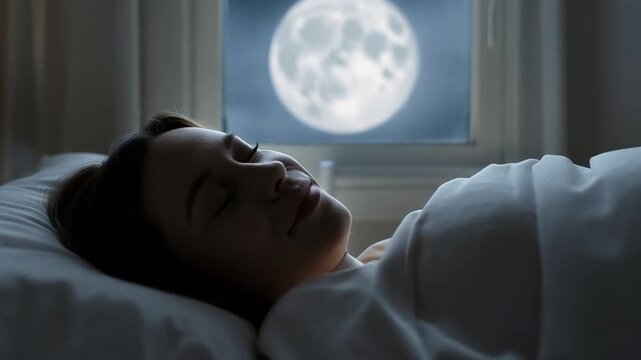 Woman sleeps peacefully on bed with moonlight shining through window at night