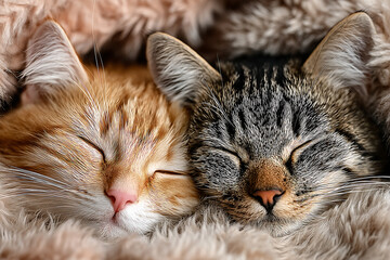 Naklejka premium Two cats cuddling together, romantic and gentle mood. Cute animals