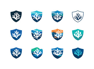 Obraz premium Coral Reef Logos. Coral reef protection. Icon set. Set Logo of Coral reef protection: coral reef with marine shield. harmonious logo variations of the same