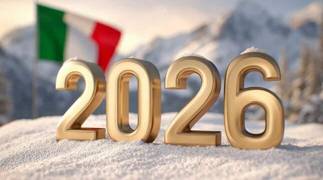 Golden numbers 2026 on snow with an Italian flag in the background. The scene represents winter sports competitions in Italy.