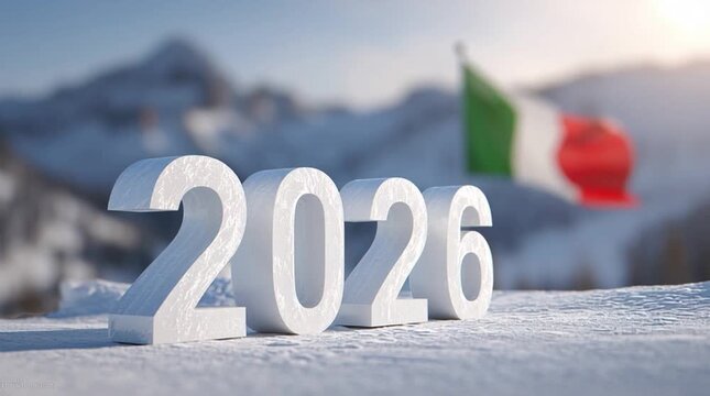 Snowy landscape with the year 2026 displayed in large white numbers. An Italian flag waves in the background, symbolizing winter sports competitions in Italy.