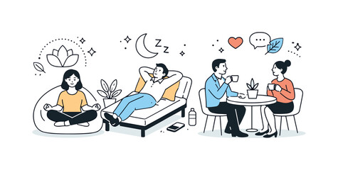 Serene Office Oasis. Wellness-focused office. Professionals taking breaks in lounge areas with natural light and abstract icons for relaxation and well-being.