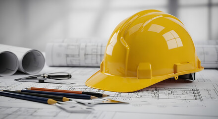 A bright yellow hard hat rests on detailed architectural blueprints, symbolizing safety and planning in construction projects.