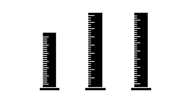 Three graduated cylinders of different heights with measurement markings on a white background