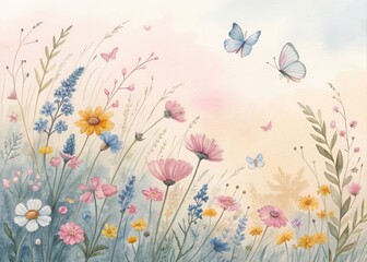 Whimsical watercolor meadow with colorful wildflowers and butterflies in soft pastel tones, creating a dreamy and joyful atmosphere. © SH Stock