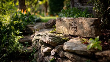 A serene garden scene with a stone wall and lush greenery on a sunny day