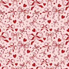 Seamless Valentine Doodle Pattern with Hearts and Bows in Red and Pink