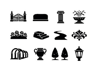 Royal Garden Decor Icons. Royal garden decor. Solid icon set of royal garden decor: palace gate, trimmed hedge, marble column, fountain splash, rose bed, stone