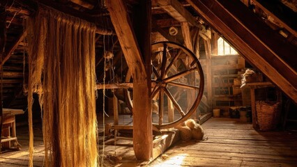 Fototapeta premium An old attic workshop with a wooden spinning wheel and hanging skeins of yarn. Concept Vintage attic workshop, Wooden spinning wheel, Hanging skeins of yarn, Rustic textile tools, Antique crafts