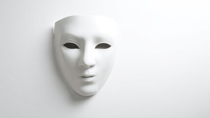 A white, expressionless theater mask mounted on a plain white wall. Concept Minimalist, Monochrome, Theatrical, Mask Portrait, Wall Art