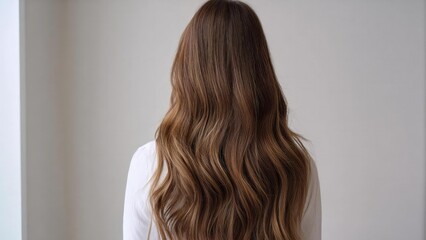 Naklejka premium Back view of a person with long, wavy light brown hair wearing a white top. Concept Back view portrait, Long wavy light brown hair, White top outfit, Hair movement, Soft natural light