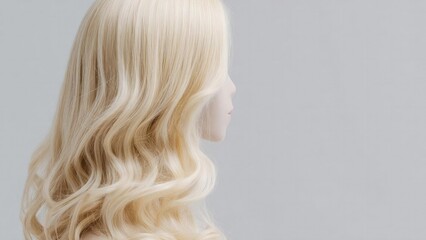 Naklejka premium A side profile of a woman with long, wavy blonde hair against a gray background. Concept Side profile portrait, Long wavy blonde hair, Gray background, Soft lighting, Elegant beauty