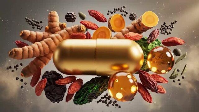 Gold supplement capsule surrounded by turmeric root herb spice with golden cocktail glass top view