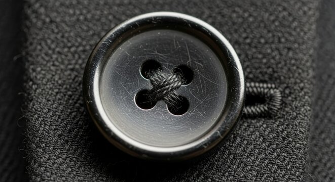 Close-up of a black button on fabric.