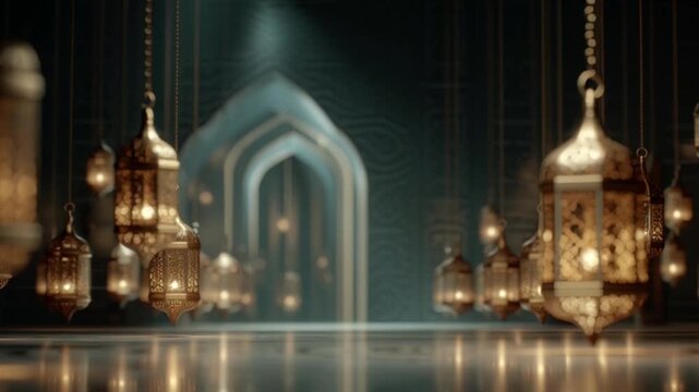 Elegant Islamic lanterns illuminating an ornate doorway in a dimly lit hall, evoking a sense of reverence and tradition