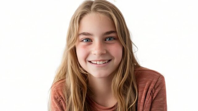 Video A young girl with long blonde hair smiles directly at the camera, looking friendly and approachable