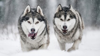 Fototapeta premium Two fluffy huskies sprint through fresh snow in a wintry forest, tongues out as snow dusts their fur. Concept Huskies, Snowy forest, Winter landscape, Playful dogs, Motion photography