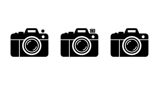 Three black camera icons with different features displayed side by side on white background