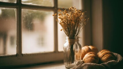 Fototapeta premium Dried flowers in a twine-wrapped glass jar sit on a sunlit windowsill beside crusty bread rolls. Concept Sunlit Still Life, Dried Flowers, Rustic Kitchen, Cozy Window Sill, Crusty Bread
