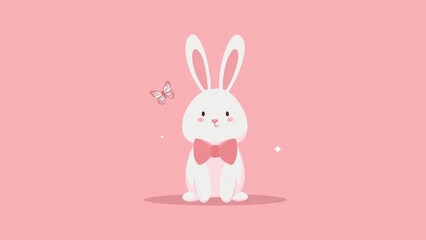 Fototapeta premium A cute white bunny with a pink bow tie sits on a pink background, with a butterfly nearby. Concept Cute bunny portrait, White bunny with pink bow tie, Pink background, Butterfly nearby