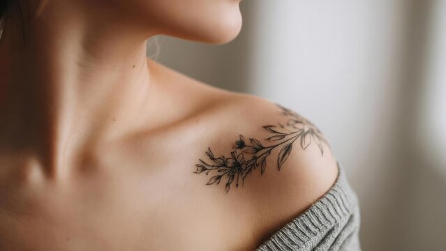 Delicate black floral tattoo along the collarbone on the shoulder, next to an off-shoulder gray sweater. Concept Floral collarbone tattoo, Off-shoulder gray sweater, Subtle black ink