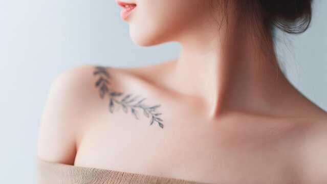 Close-up of a woman's bare shoulder and neck with a small leafy tattoo on the collarbone. Concept Close-up portrait, Collarbone leaf tattoo, Bare shoulder detail, Nature-inspired tattoo