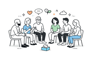 Support Group Circle. Support group meeting discussion. People sitting in a circle, calmly listening and sharing thoughts. Safe space atmosphere with empathy,
