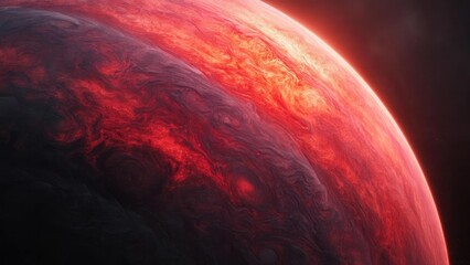 Fototapeta premium Close-up of a red, stormy planet with swirling crimson clouds and a glowing limb against black space. Concept Red Planet Close-Up, Stormy Crimson Clouds, Glowing Limb, Space Backdrop, Cosmic Drama