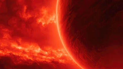 Fototapeta premium A red-hot planet with a bright rim against a fiery, cloud-filled red sky. Concept Red-hot planet, bright rim, fiery red sky, cloud-filled atmosphere, space illustration