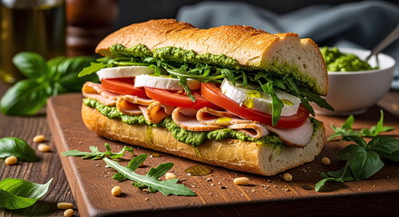 Recipe for a turkey sandwich with pesto sauce and olive oil on a wooden board.